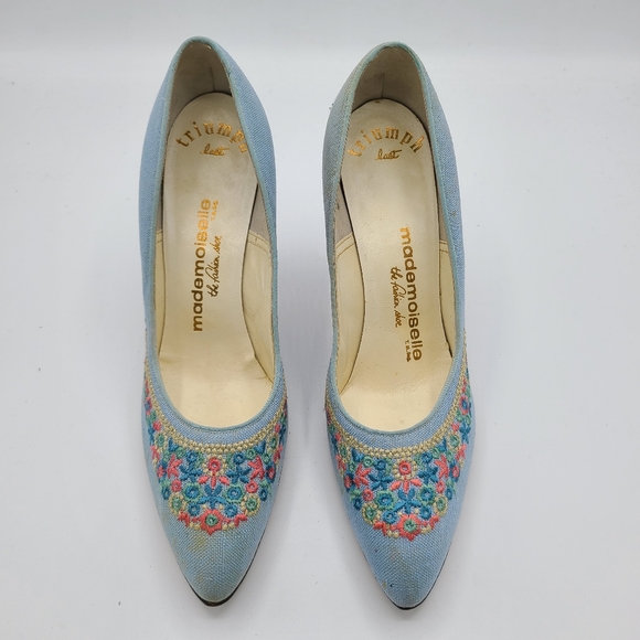 Vintage Mademoiselle Triumph Last Embroidered Floral Baby Blue Pumps Heels - Picture 3 of 10